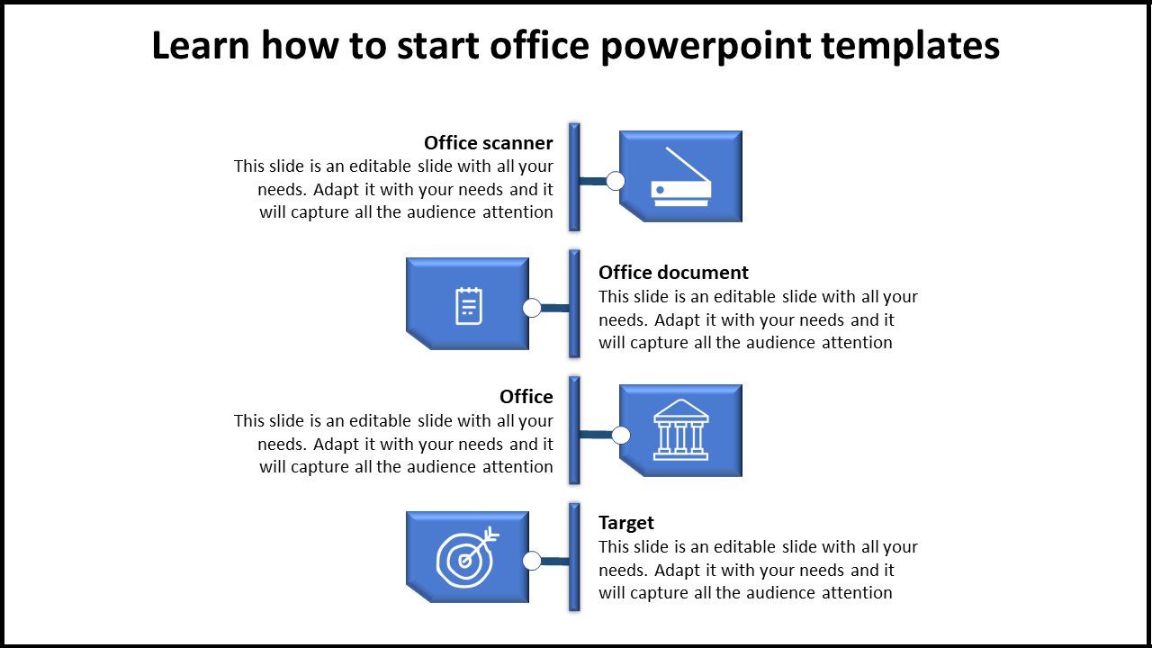 PowerPoint slide showcasing office scanner, document, office space, and target with placeholder sections and icons.