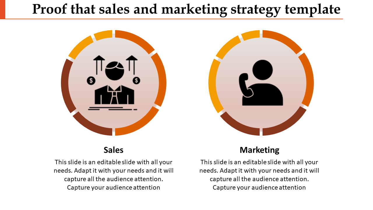 Sales and marketing icons inside orange segments sales with arrows and dollar signs, marketing with a phone call symbol.