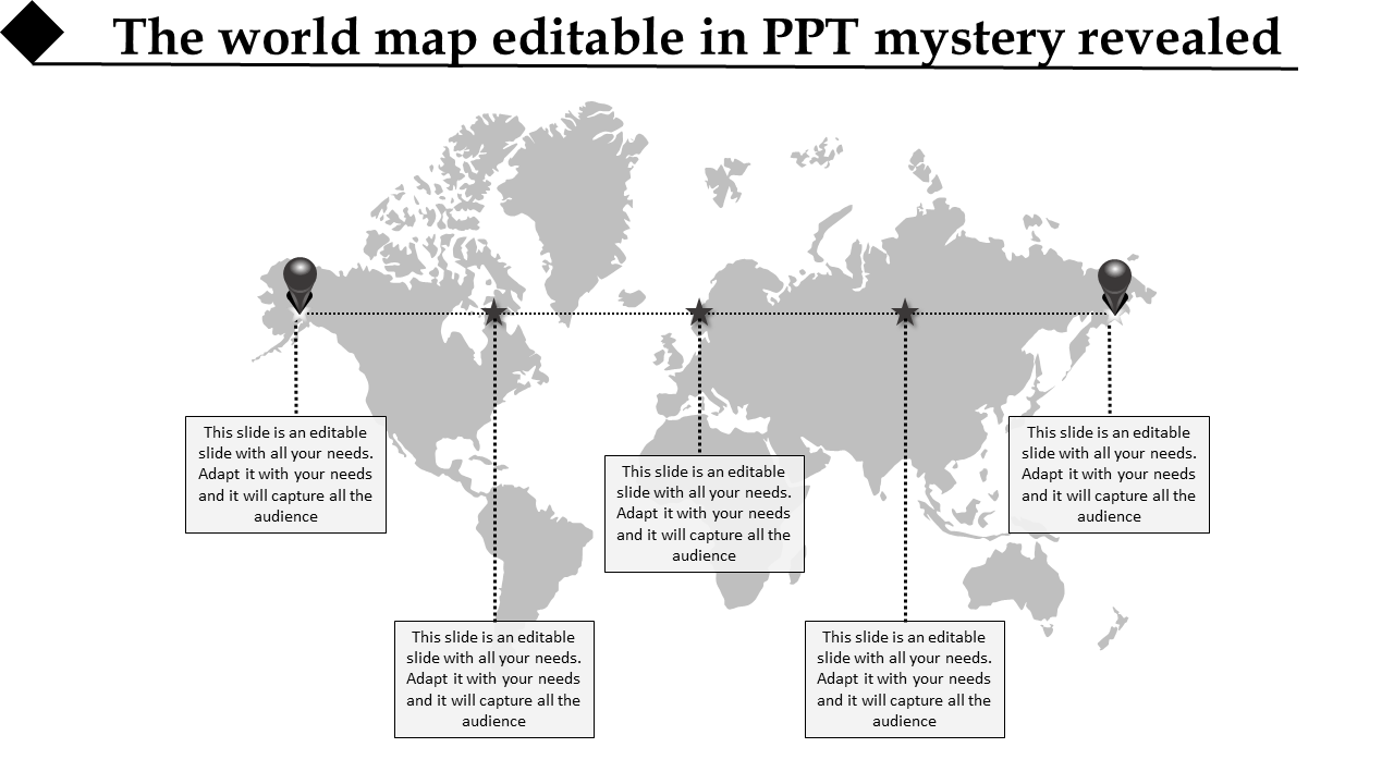 World map featuring four black location pins with dashed lines leading to text boxes around the map.