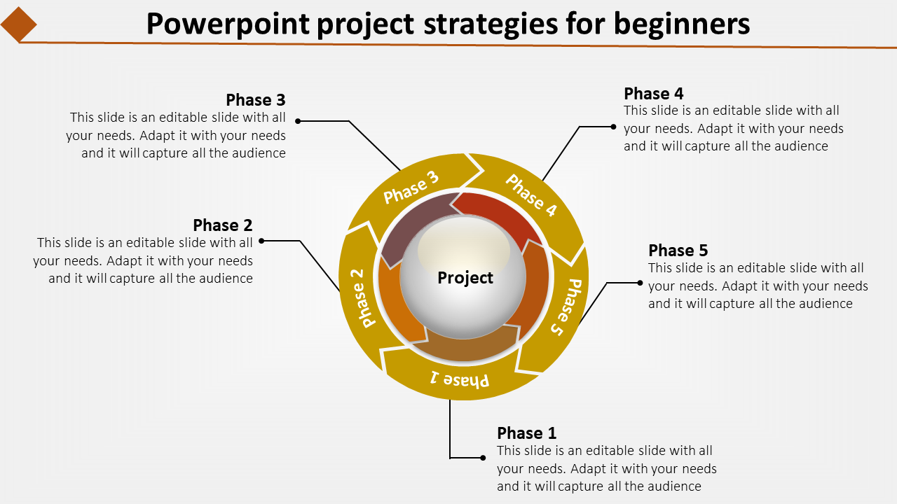 PowerPoint slide displaying a circular flowchart with five phases surrounding a central project, with text for each phase.