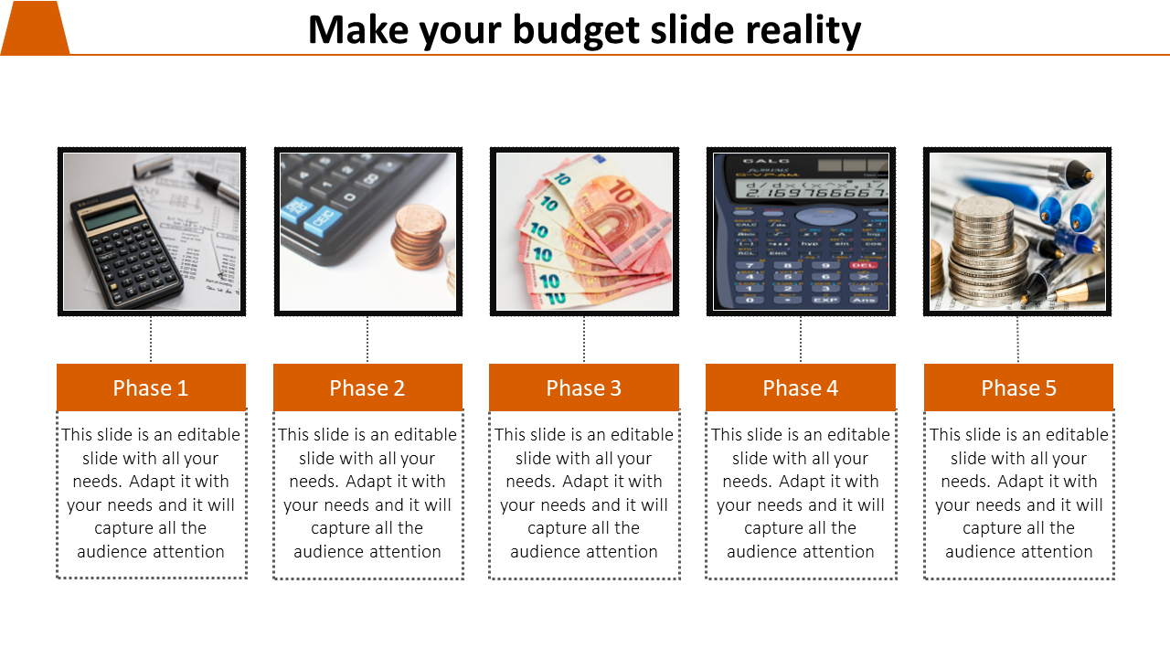 Visual budgeting template with rows of icons including calculators, coins, and notes each with a caption areas.