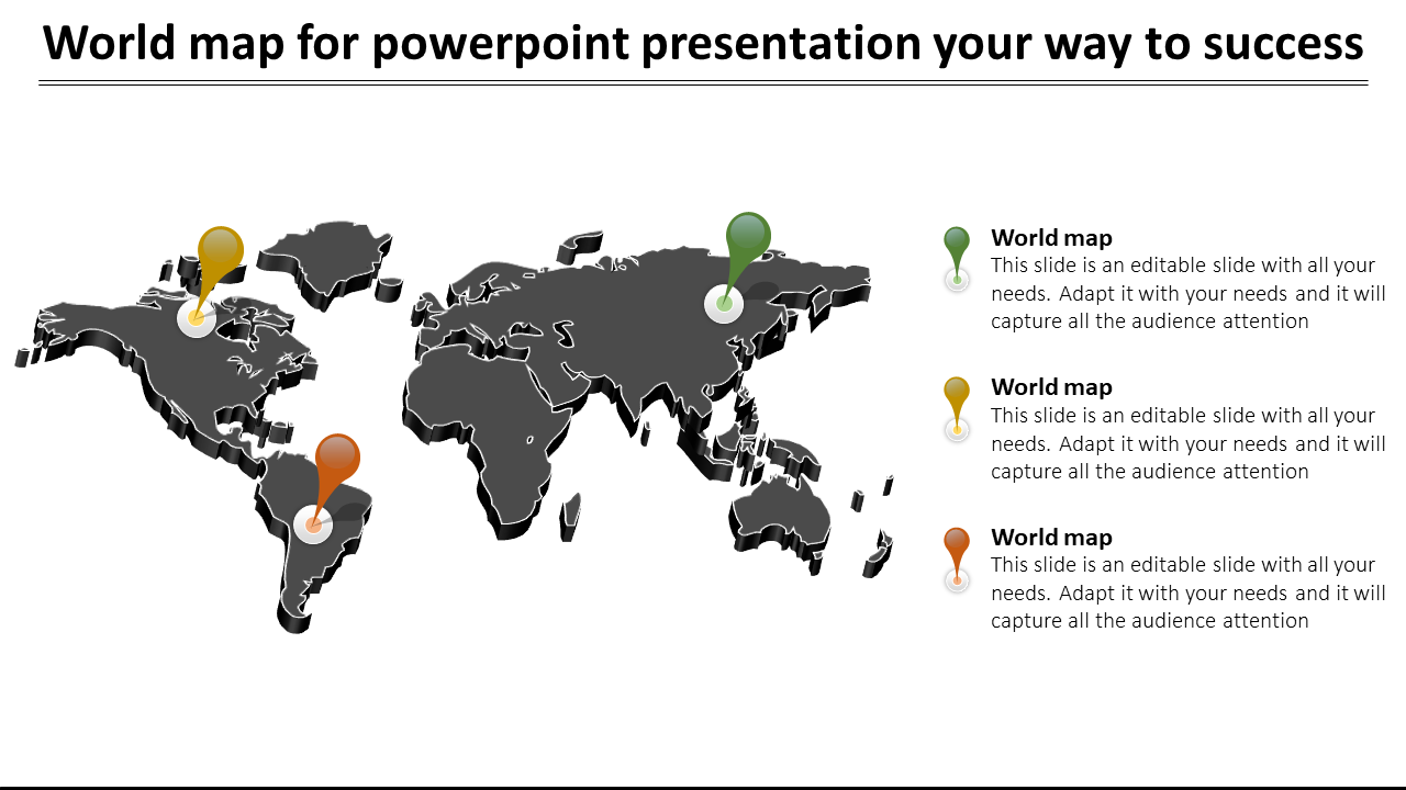 World map in black with colored location pins in green, yellow, and orange, paired with text descriptions.