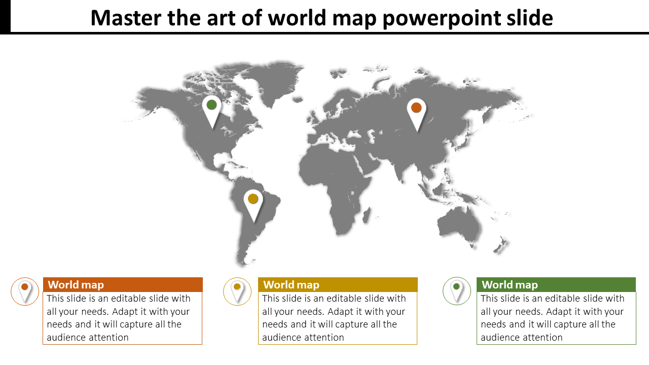 PowerPoint slide featuring a world map with three location markers, each with text boxes.