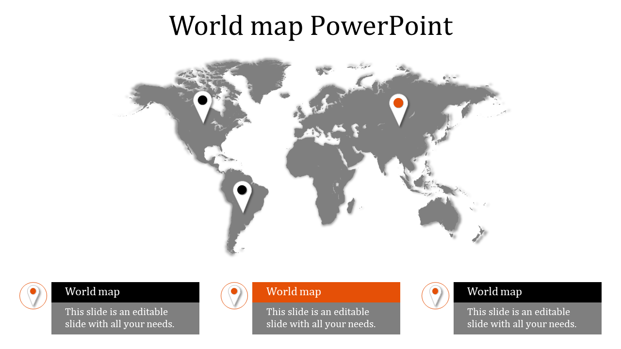 A minimalist world map design slide featuring highlighted regions and placeholders for text below each pin.