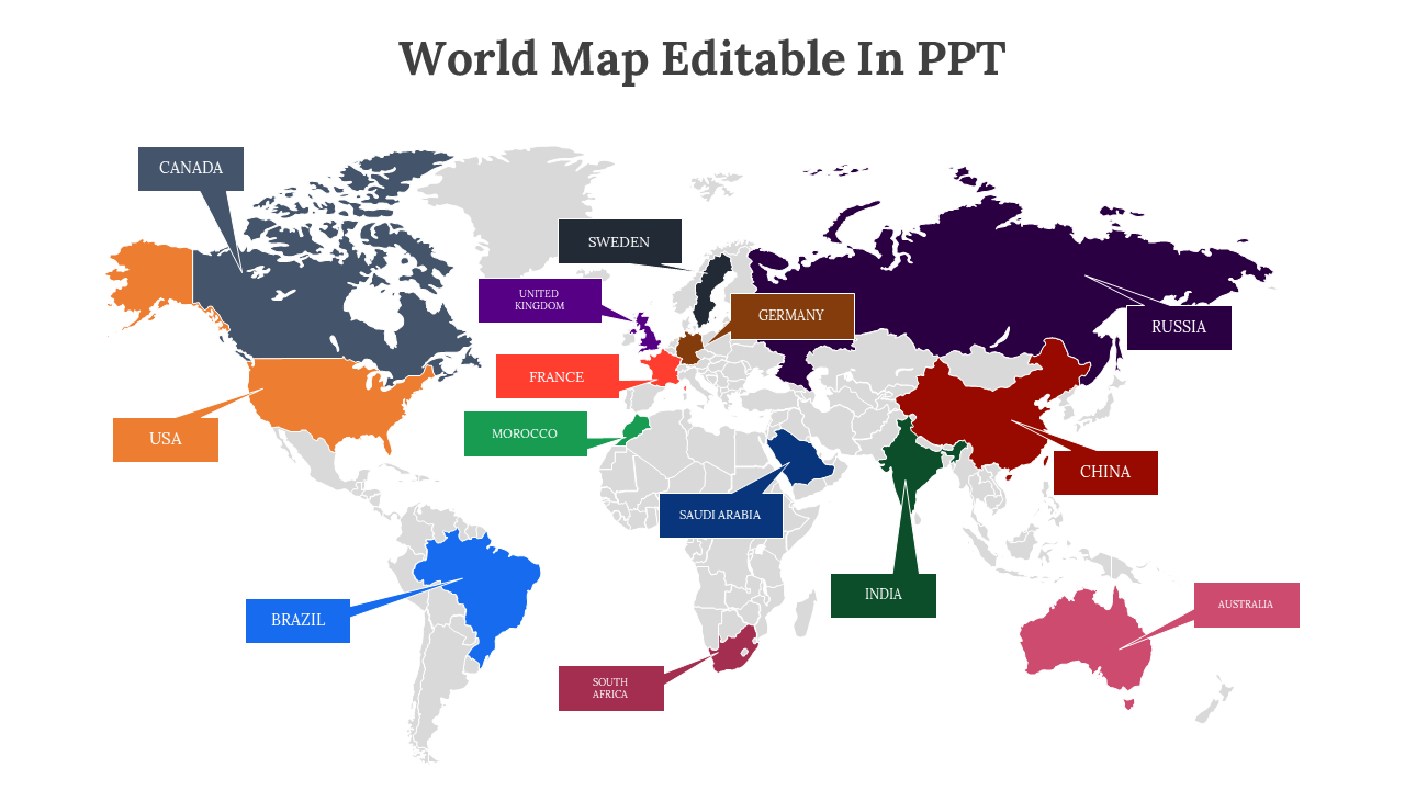 World map with countries highlighted in different colors, each labeled with a country name in a text box.