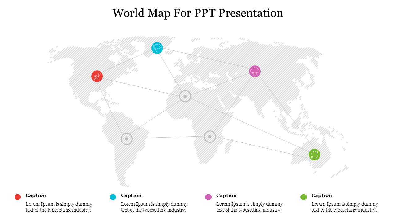 World map slide with four colored icons connected by lines, representing different locations and captions below.