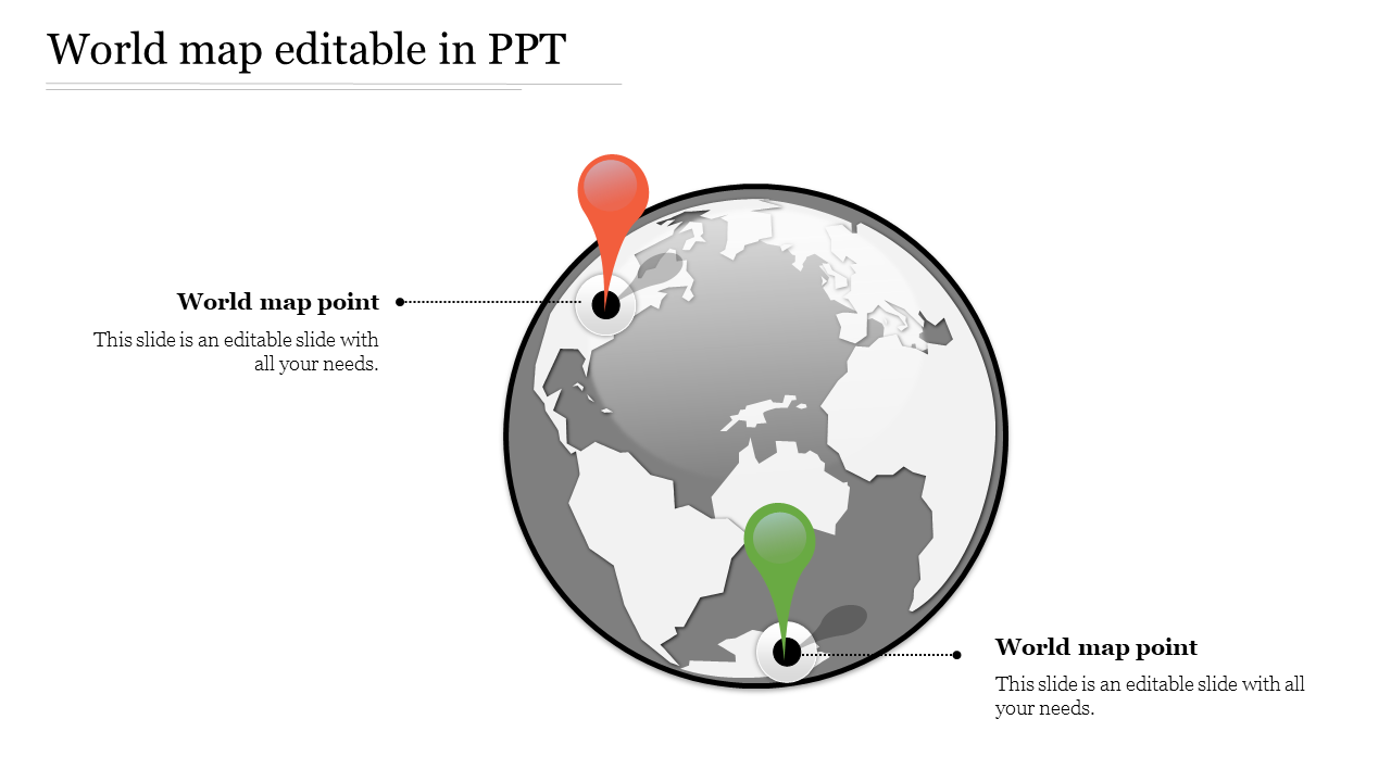 Grayscale globe with red and green pins, highlighting locations with text placeholders.