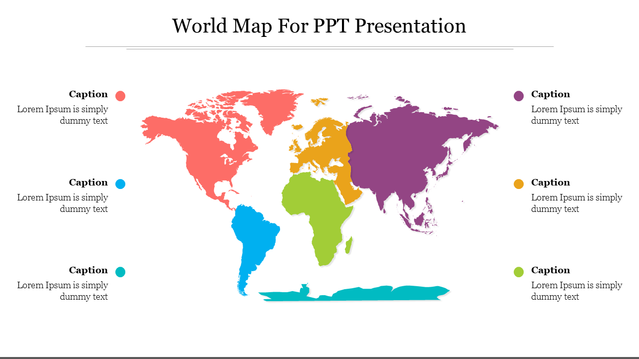 Colorful world map slide with continents in various shades, accompanied by text captions on the side.