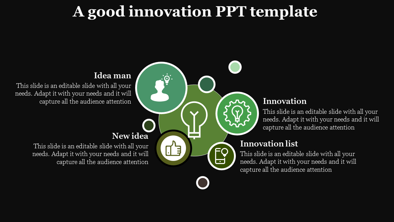 Innovation slide featuring green circular icons each with placeholder text on a dark backdrop.