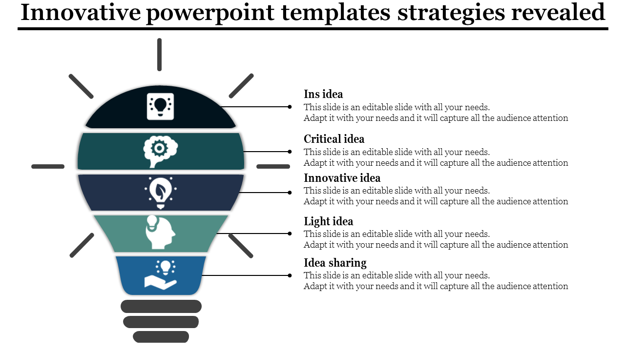 Infographic slide displaying different strategies with a colorful central lightbulb and descriptive labels with icons.