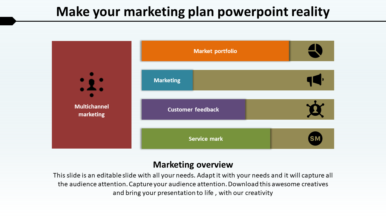 PowerPoint slide for a marketing plan overview, featuring multichannel marketing and four process stages with icons.