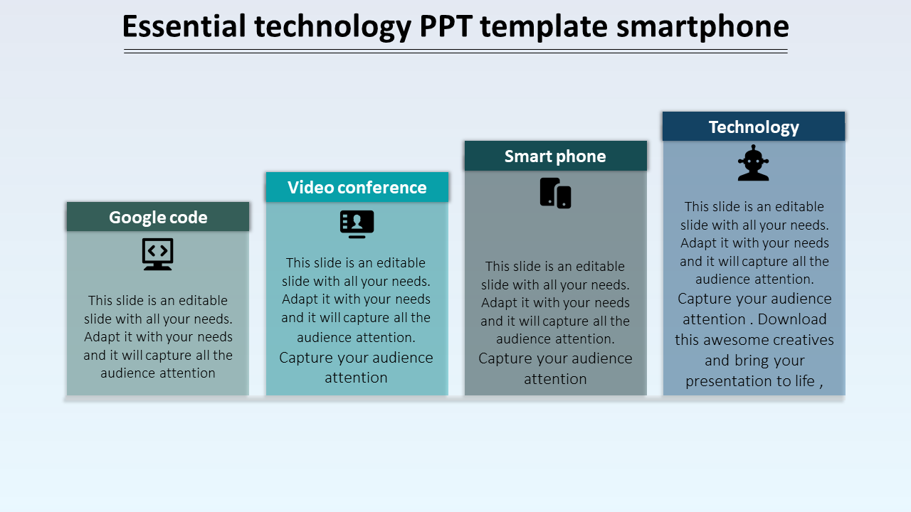 Four vertical rectangular blocks in green, teal, gray, and blue, each labeled with technology related headings and icons.