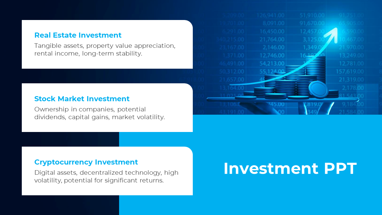 Investment slide with sections for real estate, stocks, and crypto, plus an illustration of coins and an upward arrow.