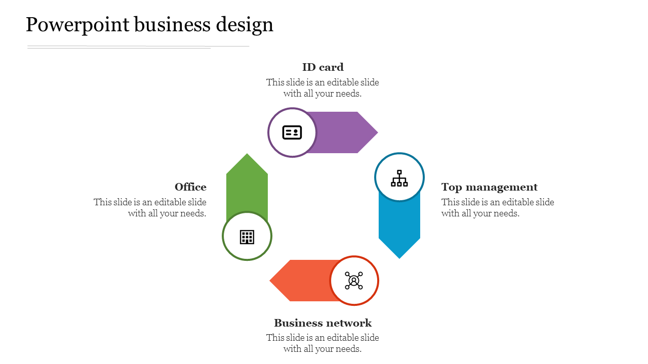 Template showing four arrows arranged in a circle, each with a unique icon and placeholder text for business categories.