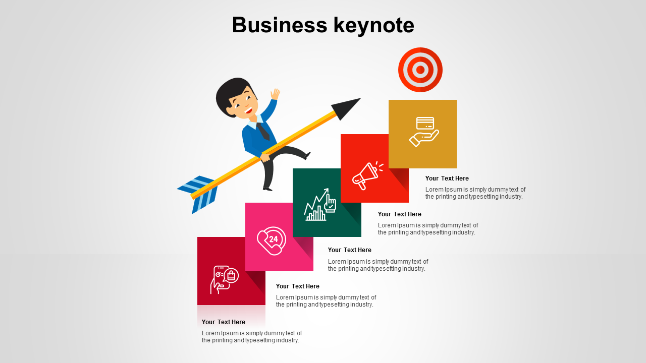 Business keynote slide showing a businessman aiming at a target, with icons representing key business elements with icons.