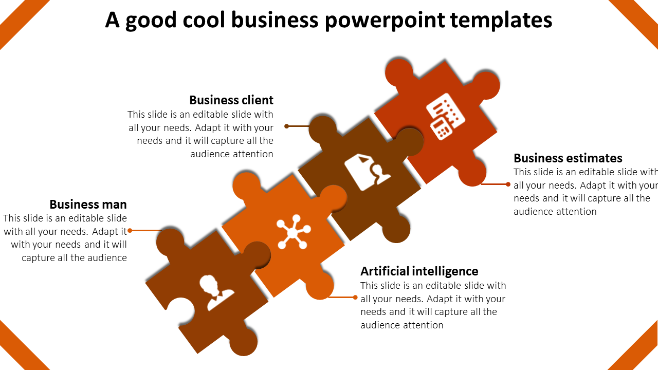 Colorful business slide with puzzle pieces labeled Business Client, Man, Artificial Intelligence, and Estimates with icons.