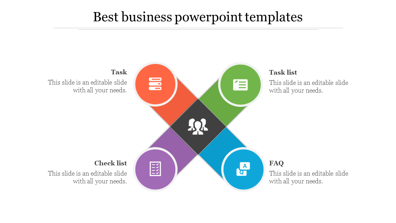 PowerPoint slide for business presentations featuring icons for tasks, checklists, and FAQs.