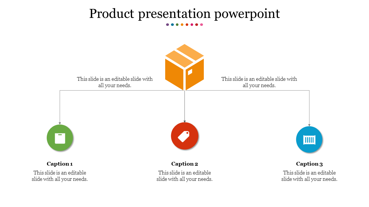 Product presentation PowerPoint slide with three product related icons and captions.