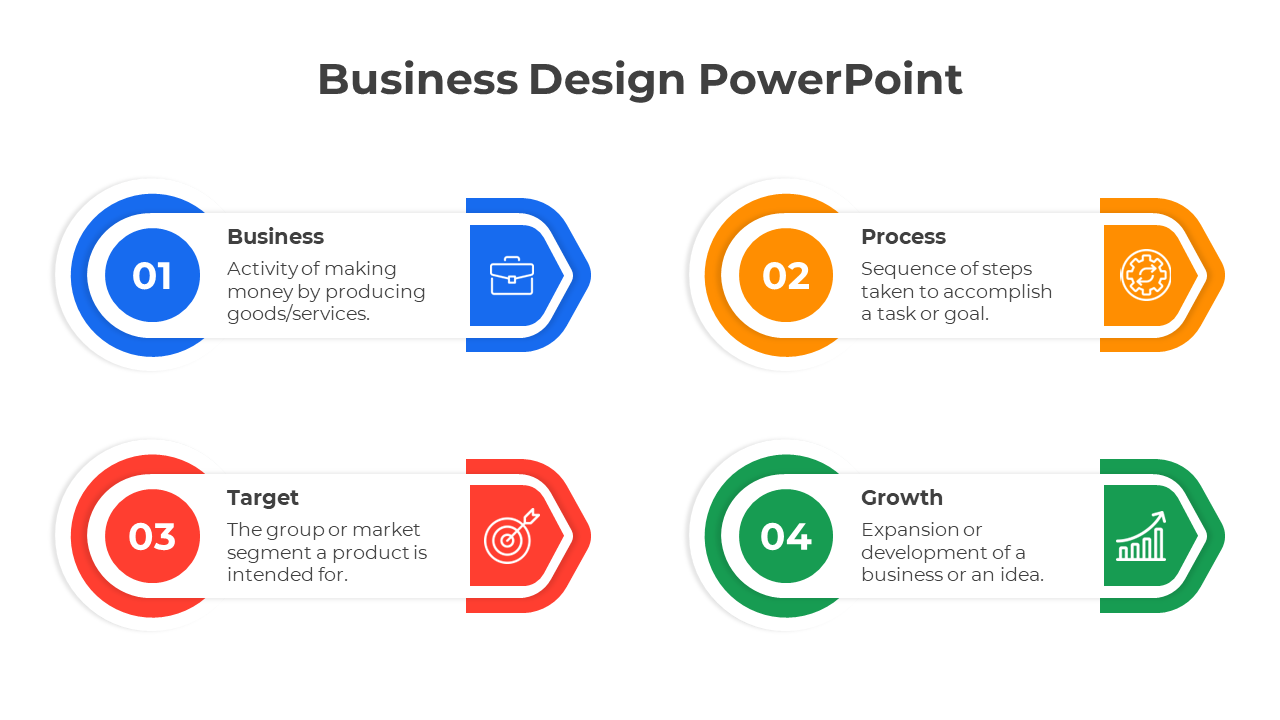 Four-step business design diagram with colorful arrows featuring business to growth, each paired with an icon.