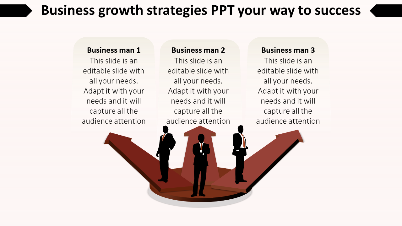 Illustration of three businessmen standing on red arrows pointing outward, symbolizing business growth strategies.