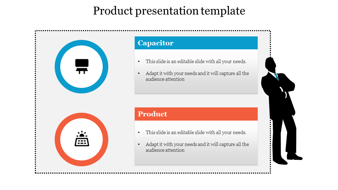 Product template with two circular icons: a blue capacitor icon at the top and an orange solar panel icon below.