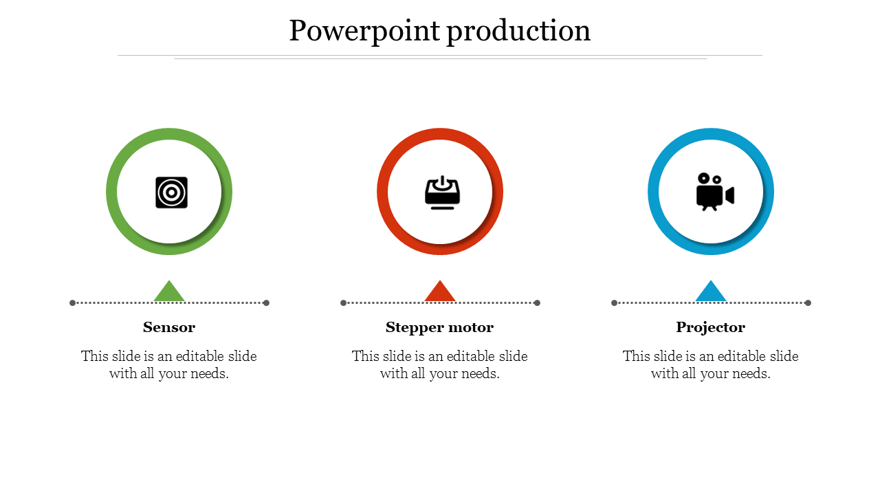 Three circular icons representing a sensor, stepper motor, and projector, arranged horizontally with captions areas.