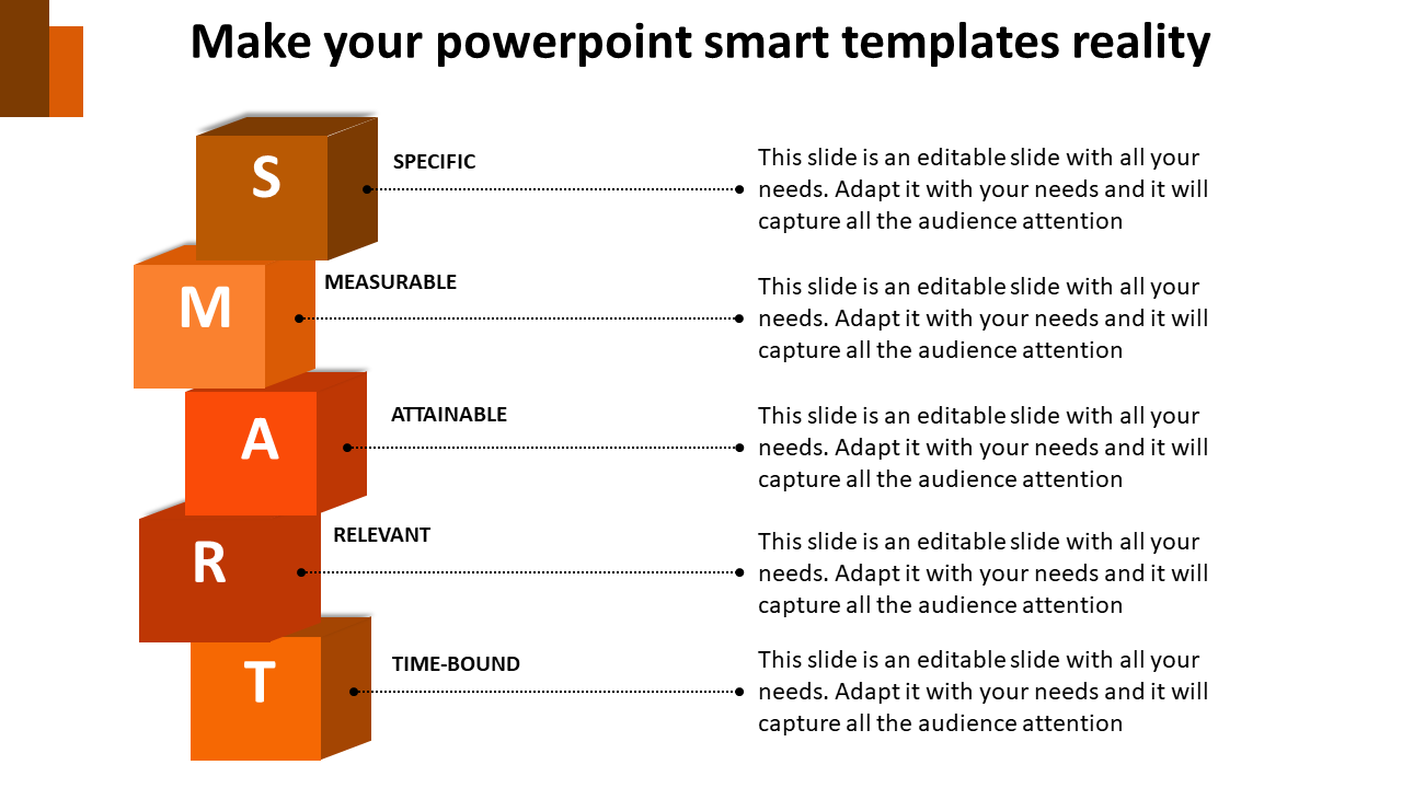 Vertical stack of five cubes in shades of orange, illustrating SMART goals with detailed descriptions on the right.