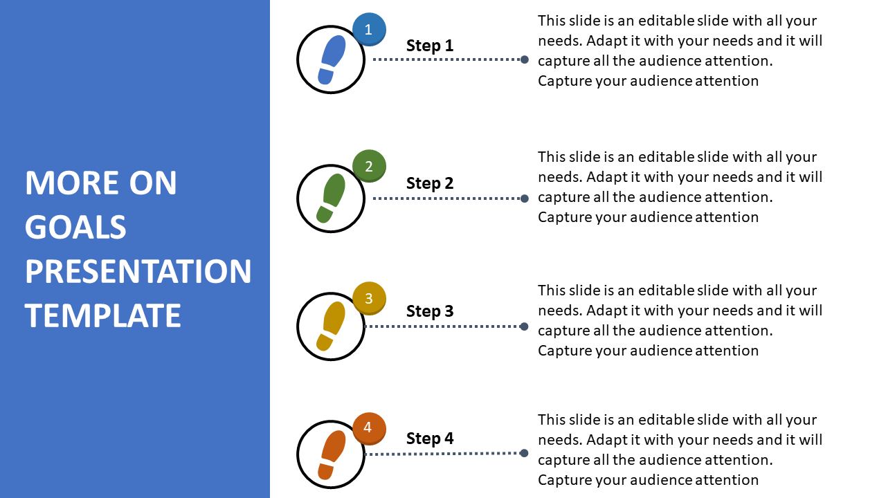 PPT slide for a goal presentation featuring four steps with colored icons and progress indicators with placeholder text.