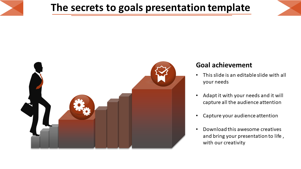 PowerPoint slide showing a person climbing steps with gear and achievement icons symbolizing goal progression with text area.