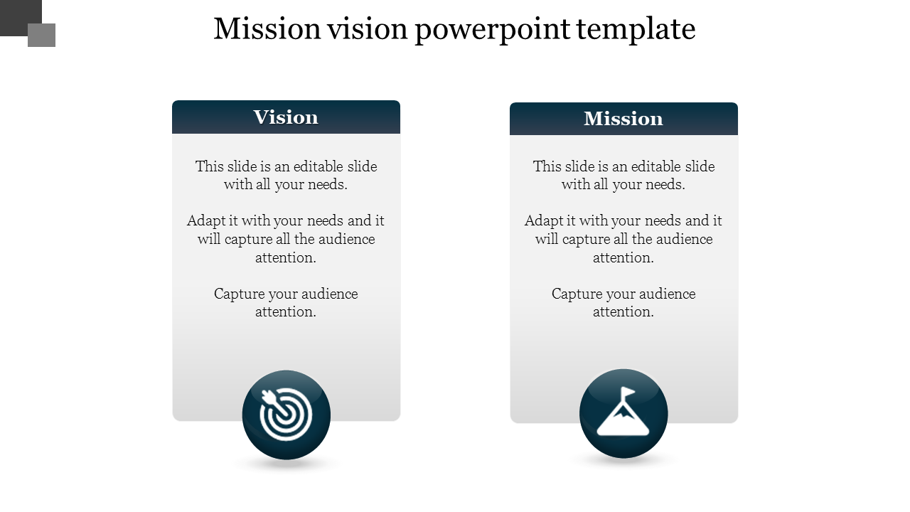 Side-by-side comparison of vision and mission blocks, each with placeholder text and circular icons at the bottom.