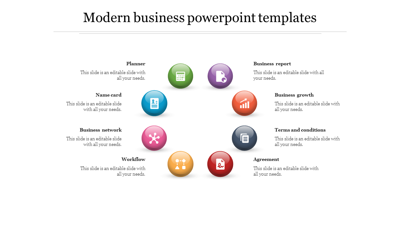 Modern business PowerPoint slide from planner to business report with colorful icons and placeholder text.