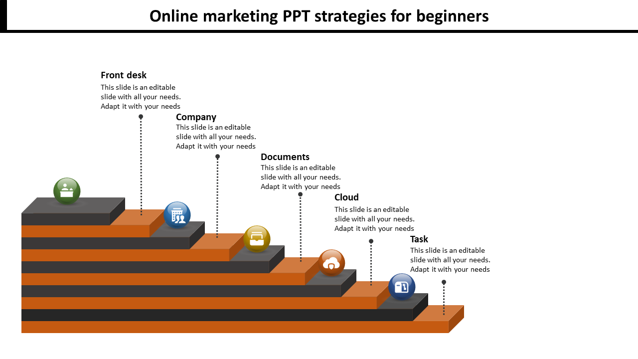 Five level orange and gray staircase diagram, each with icons and text, representing online marketing approaches.