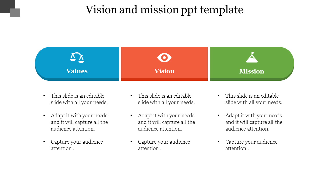 Three-section layout with icons for values, vision, and mission in blue, red, and green headers.