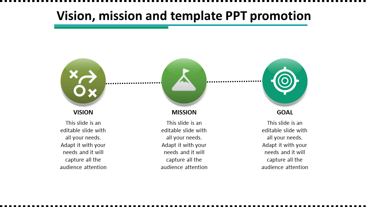 Horizontal layout showing vision, mission, and goal with green circular icons and text below each.