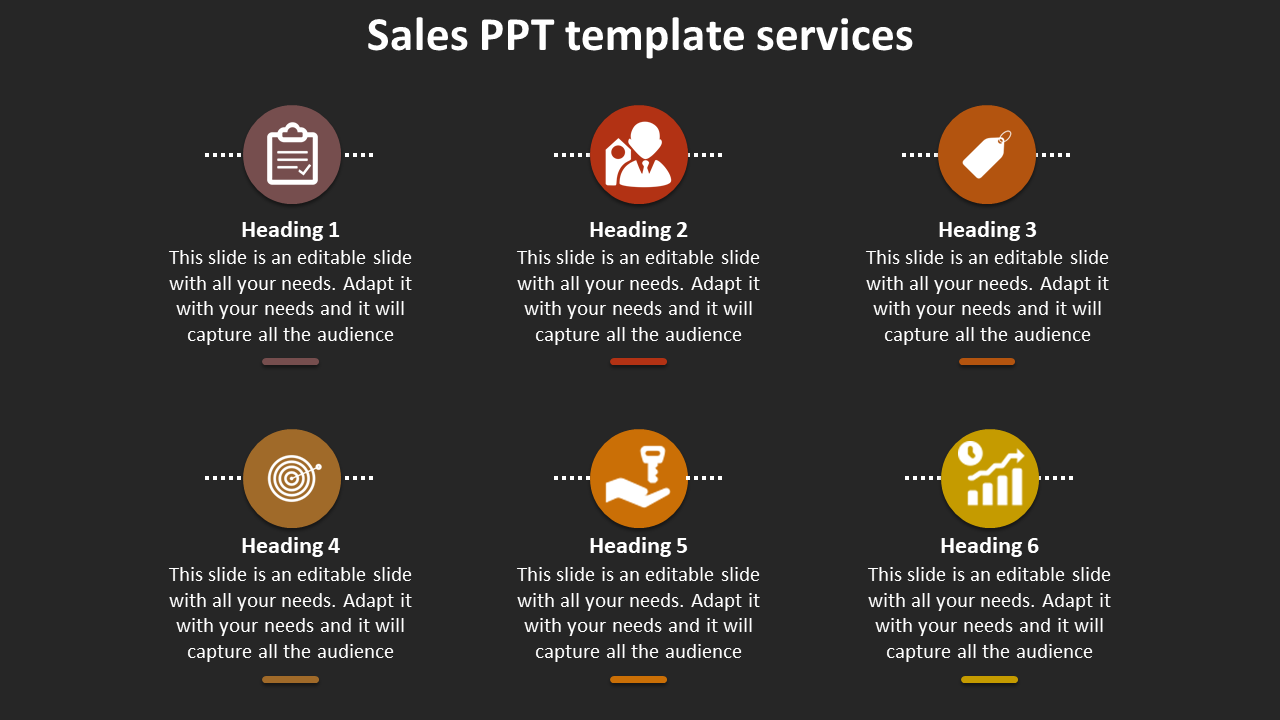 Sales slide with six headings, each paired with an icon, arranged in two rows on a dark background with orange accents.