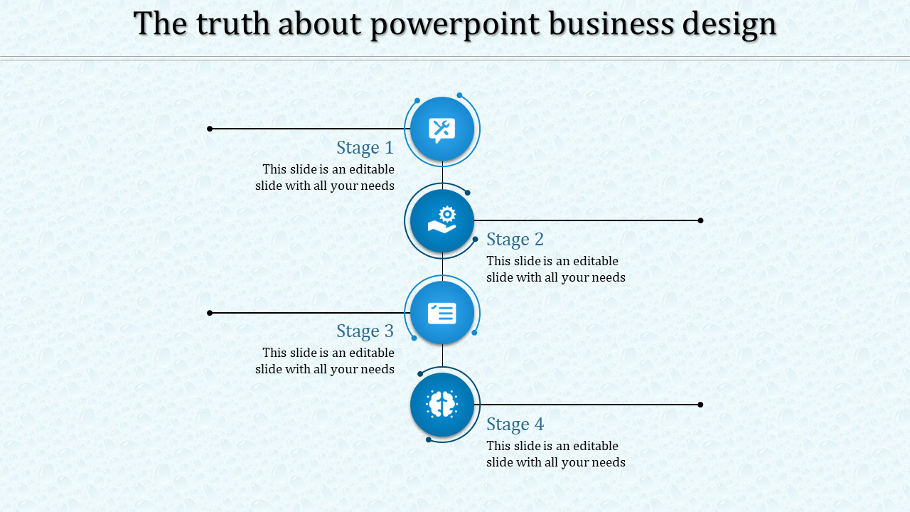 A slide with a vertical timeline showing four stages with icons and placeholder text.