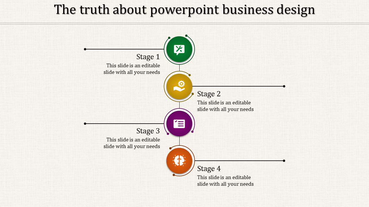 Timeline PPT slide showing a four stage business process with icons in green, yellow, purple, and orange with text area.