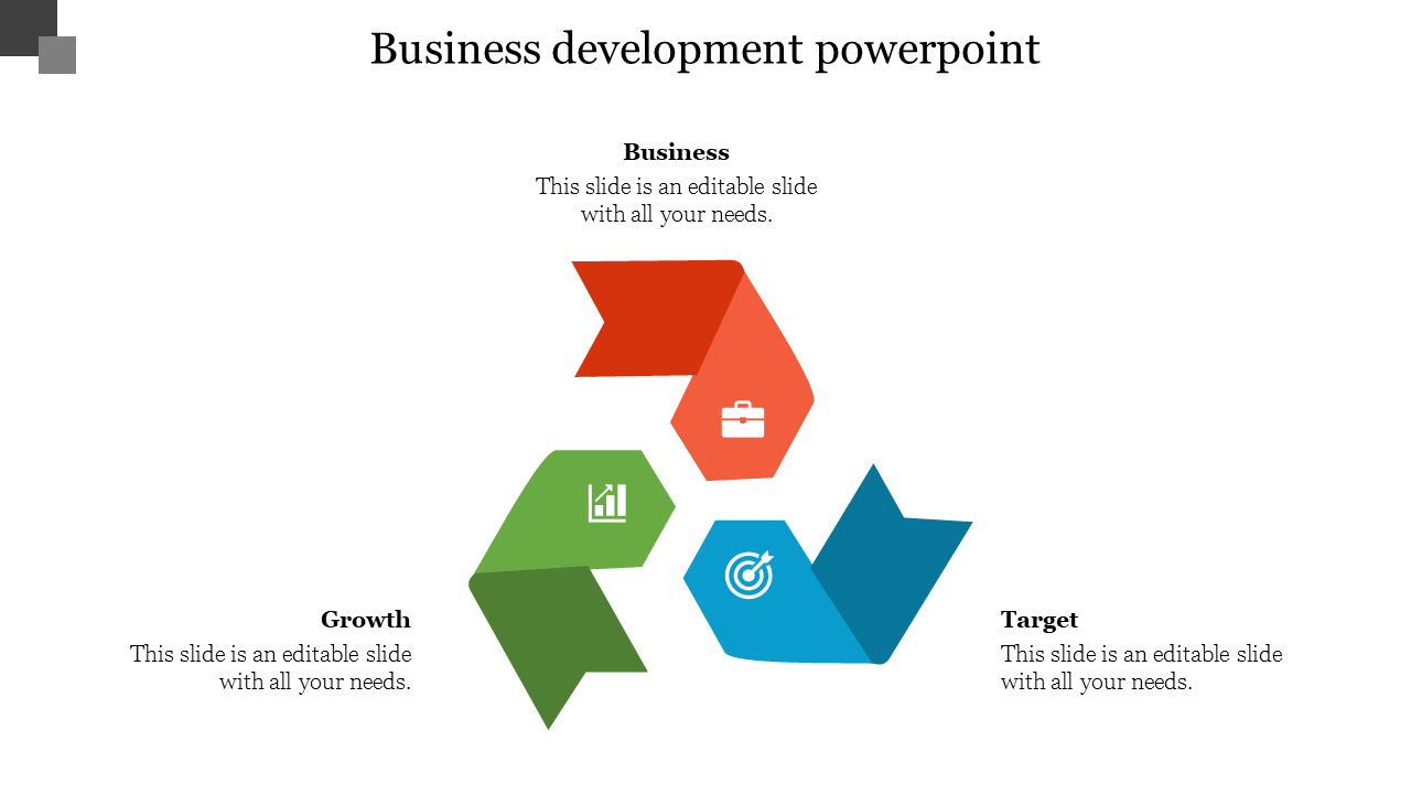 Recycling style loop diagram with red, green, and blue arrows, representing business, growth, and target goals.