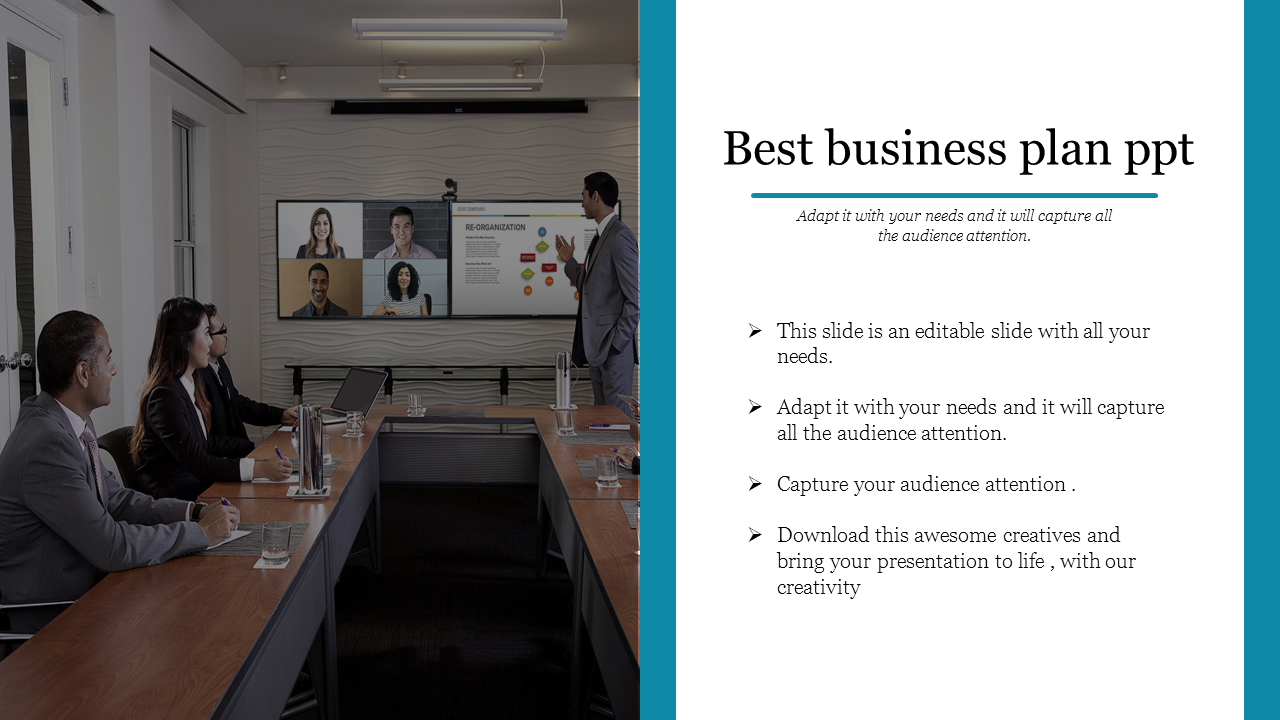 Business plan template showing a collaborative meeting with visual aids in a modern meeting space.