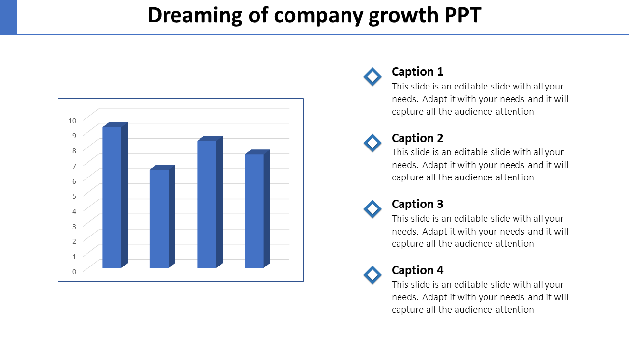 Company growth slide with a 3D blue bar chart on the left and four captions with diamond icons on the right.