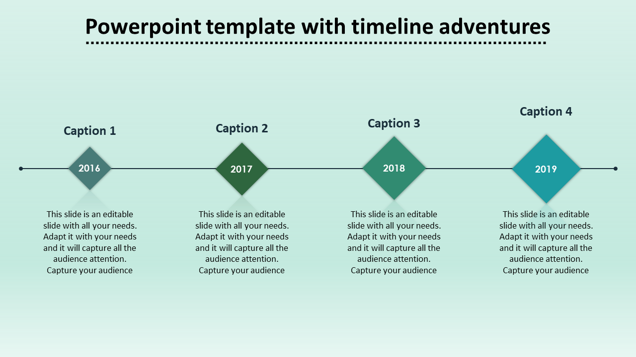 Timeline PowerPoint template with four milestones labeled 2016 to 2019, featuring captions.