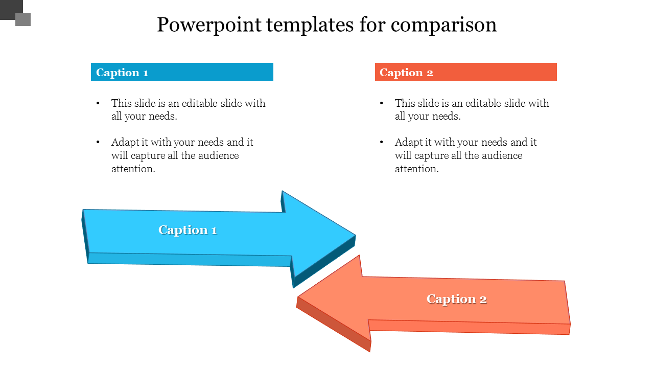 Comparison PowerPoint template with two arrows, one pointing left and the other pointing right, each with a caption.