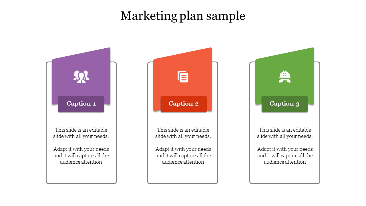 Marketing plan slide with three colored text box sections and icons each with captions.