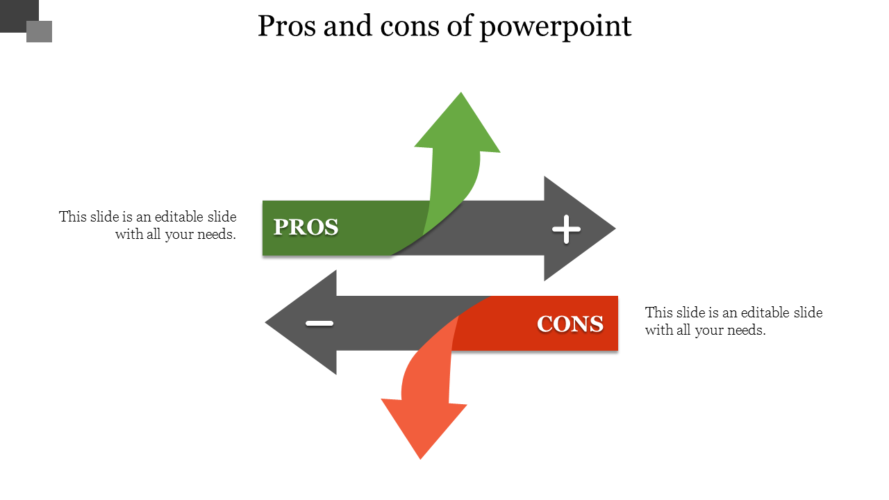 Pros and Cons comparison diagram with green upward and red downward arrows over horizontal gray bars.