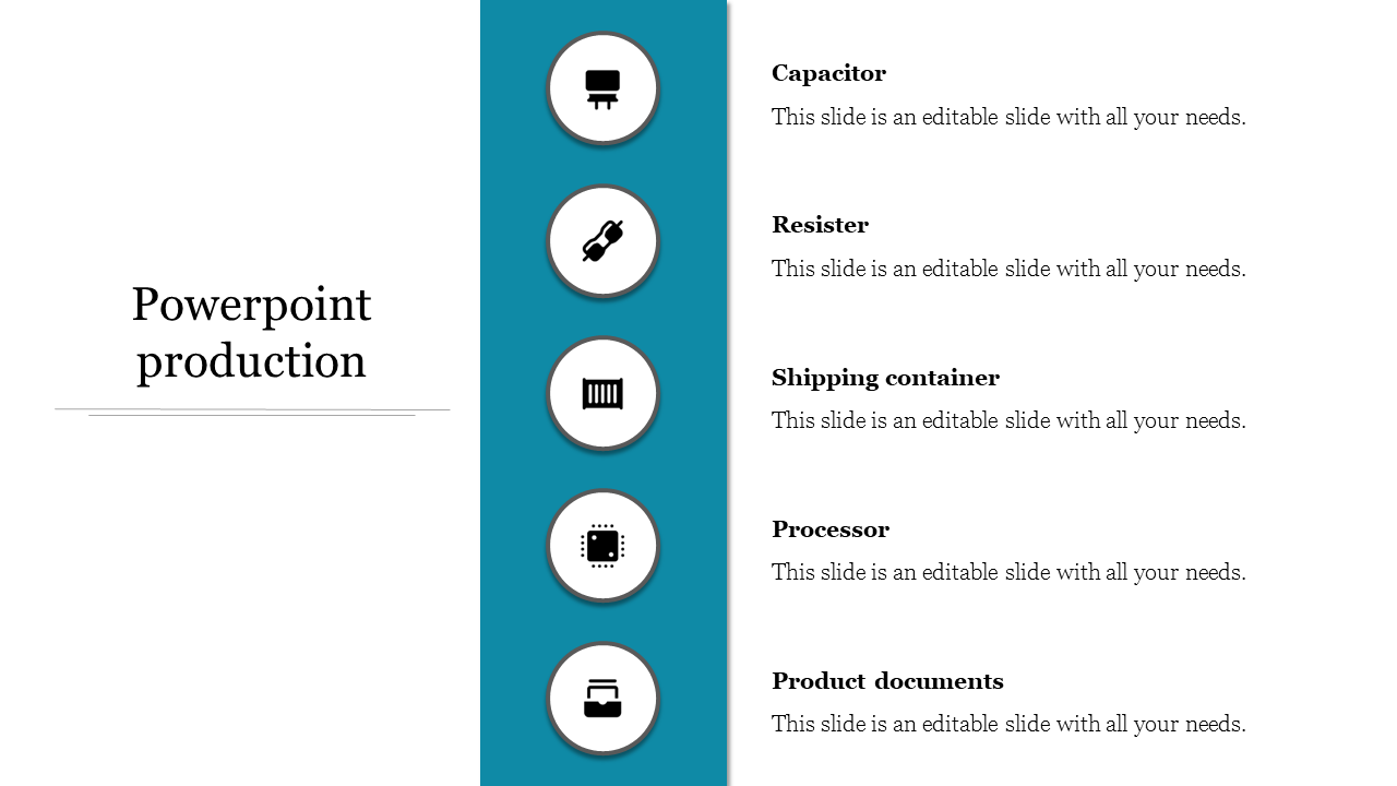 Production slide with icons representing different components from Capacitor to Product Documents with icons.