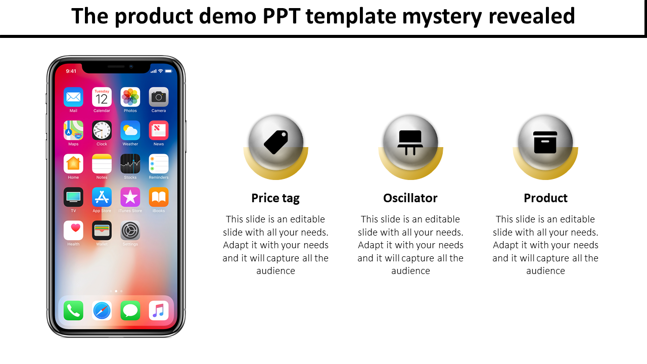 A slide with an image of a smartphone and three icons with placeholder relevant key features for a product demo.