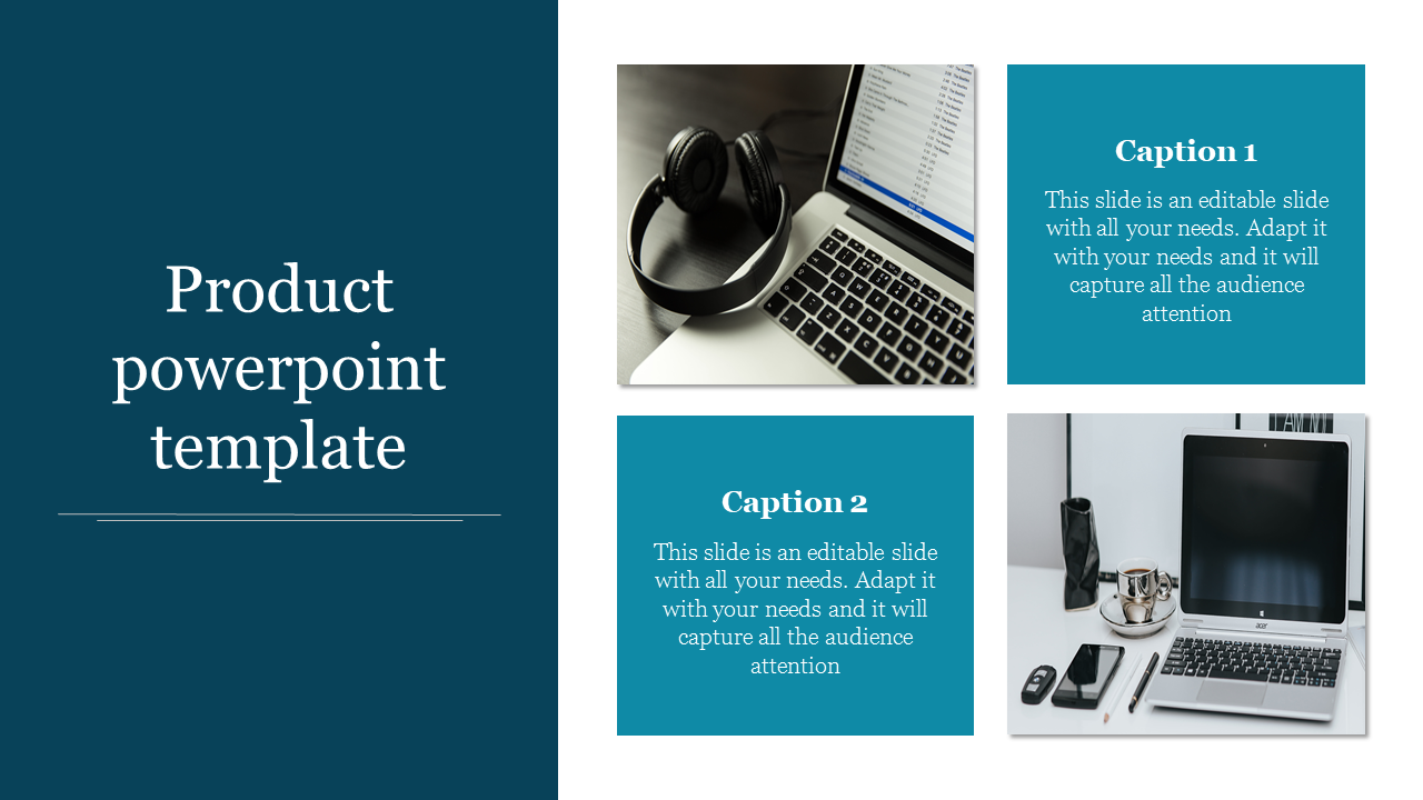 Product PowerPoint slide with images of headphones, laptop, and desk items, each with a caption.