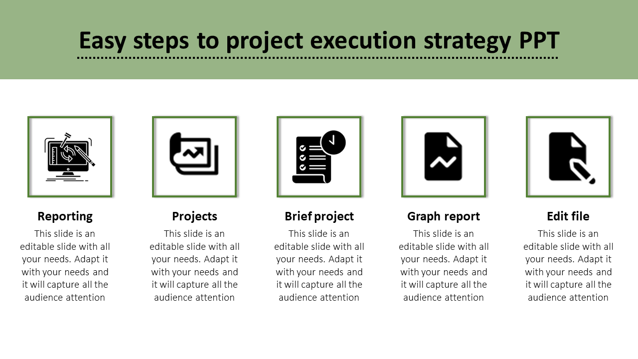 Project execution strategy slide with five sections each section has an icon and placeholder text.