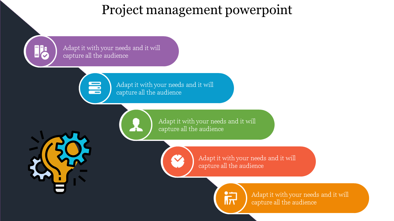 Project management slide with a gear and lightbulb icon, leading to five sequential steps with colorful text captions.