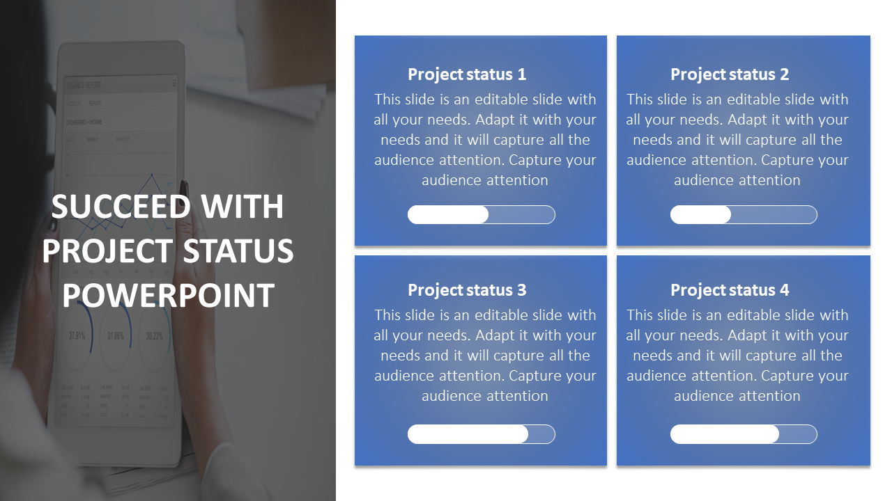 Grid of four project status cards with progress bars, showing placeholders for content in a blue background.